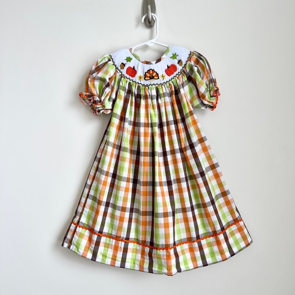 Fall Thanksgiving Pumpkin Turkey Checkered 3T Smocked Dress - Picture 3 of 10